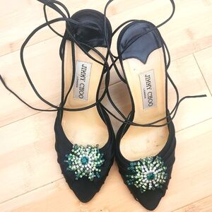 Jimmy Choo Black Silk Formal Wedges With Swarovski Crystals
